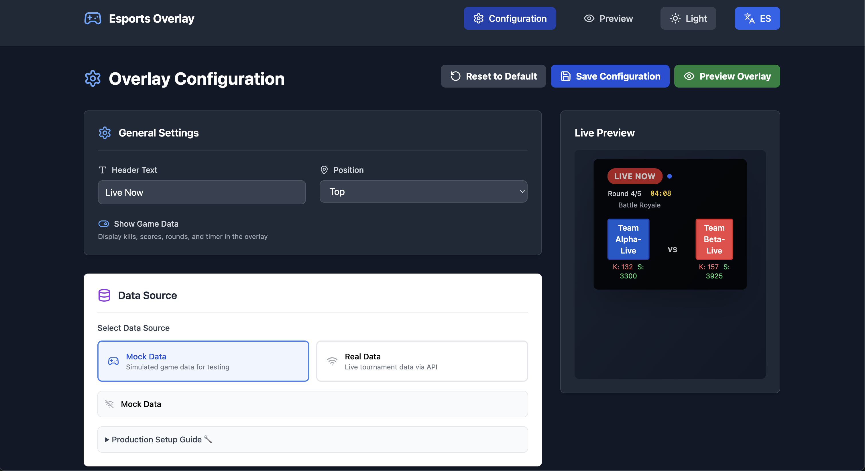 E-Sports Overlay — a configurable live overlay application for esports broadcasts