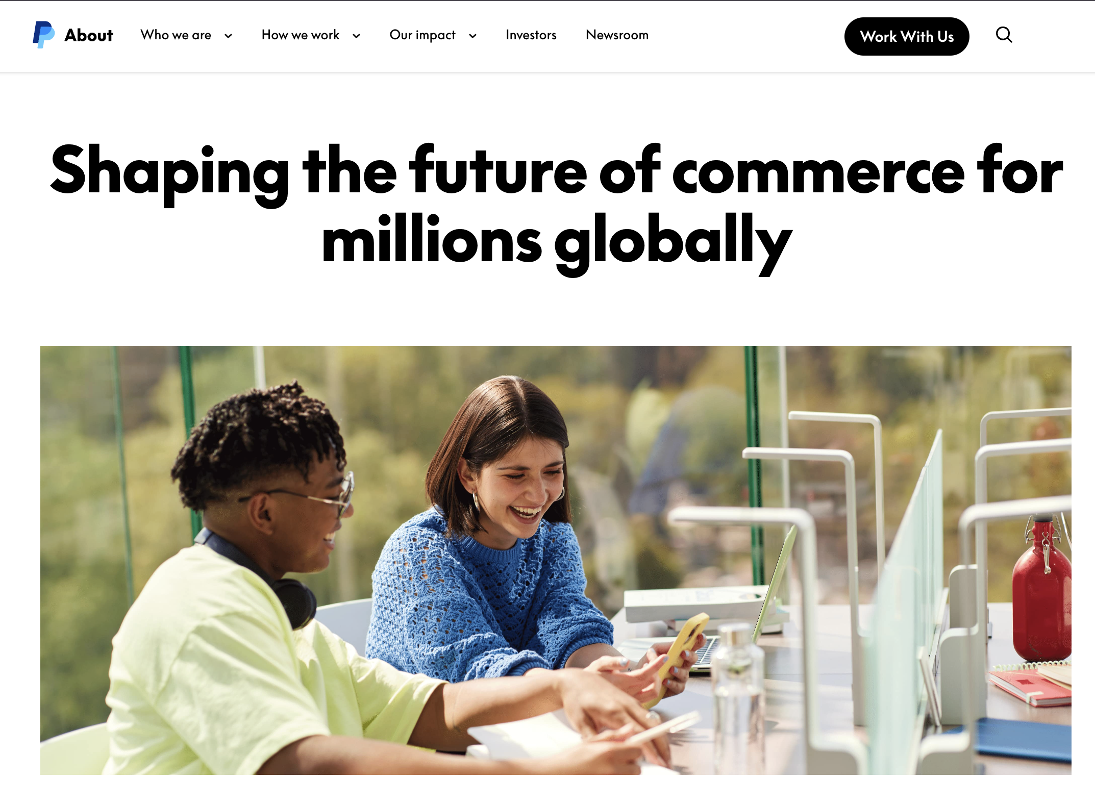 PayPal About Us, Careers, and Investor Relations pages showing the refreshed brand identity